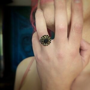 Vintage Gold Tone Black Rhinestone Cocktail Ring Adjustable
